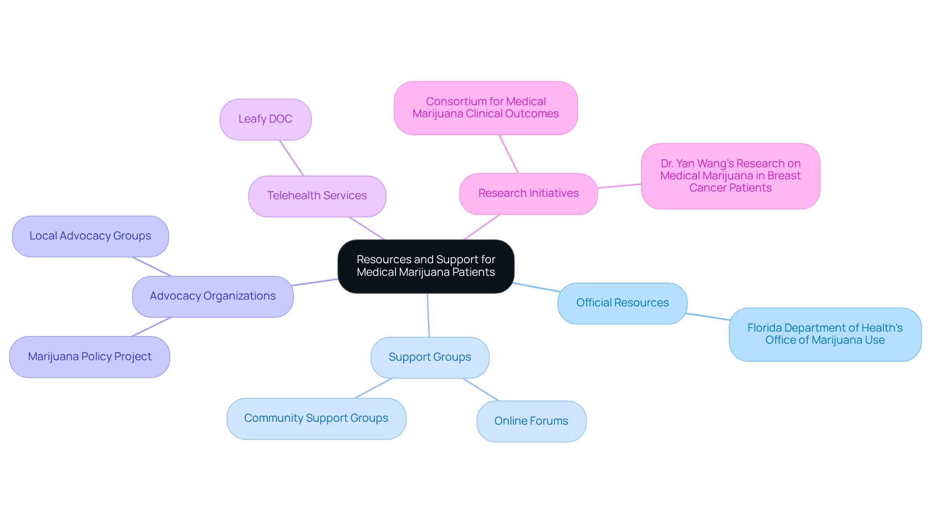 Each main branch represents a category of resources, with sub-branches detailing specific organizations or services related to that category. Each main branch represents a category of resources, with sub-branches detailing specific organizations or services related to that category.