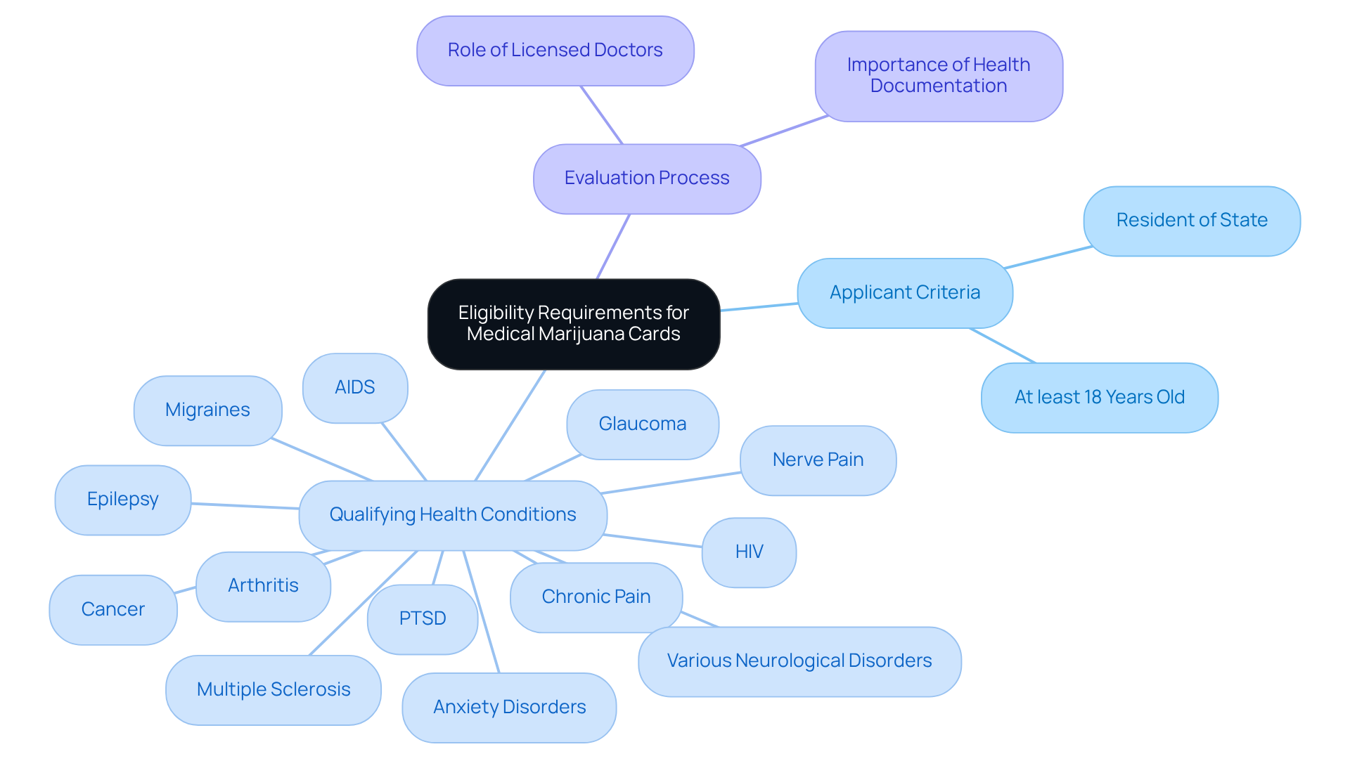 The center shows the main topic. Each branch represents critical areas of eligibility: criteria for applicants, conditions that qualify, and the evaluation process by healthcare professionals. Follow the branches to see all the related details. The center shows the main topic. Each branch represents critical areas of eligibility: criteria for applicants, conditions that qualify, and the evaluation process by healthcare professionals. Follow the branches to see all the related details.