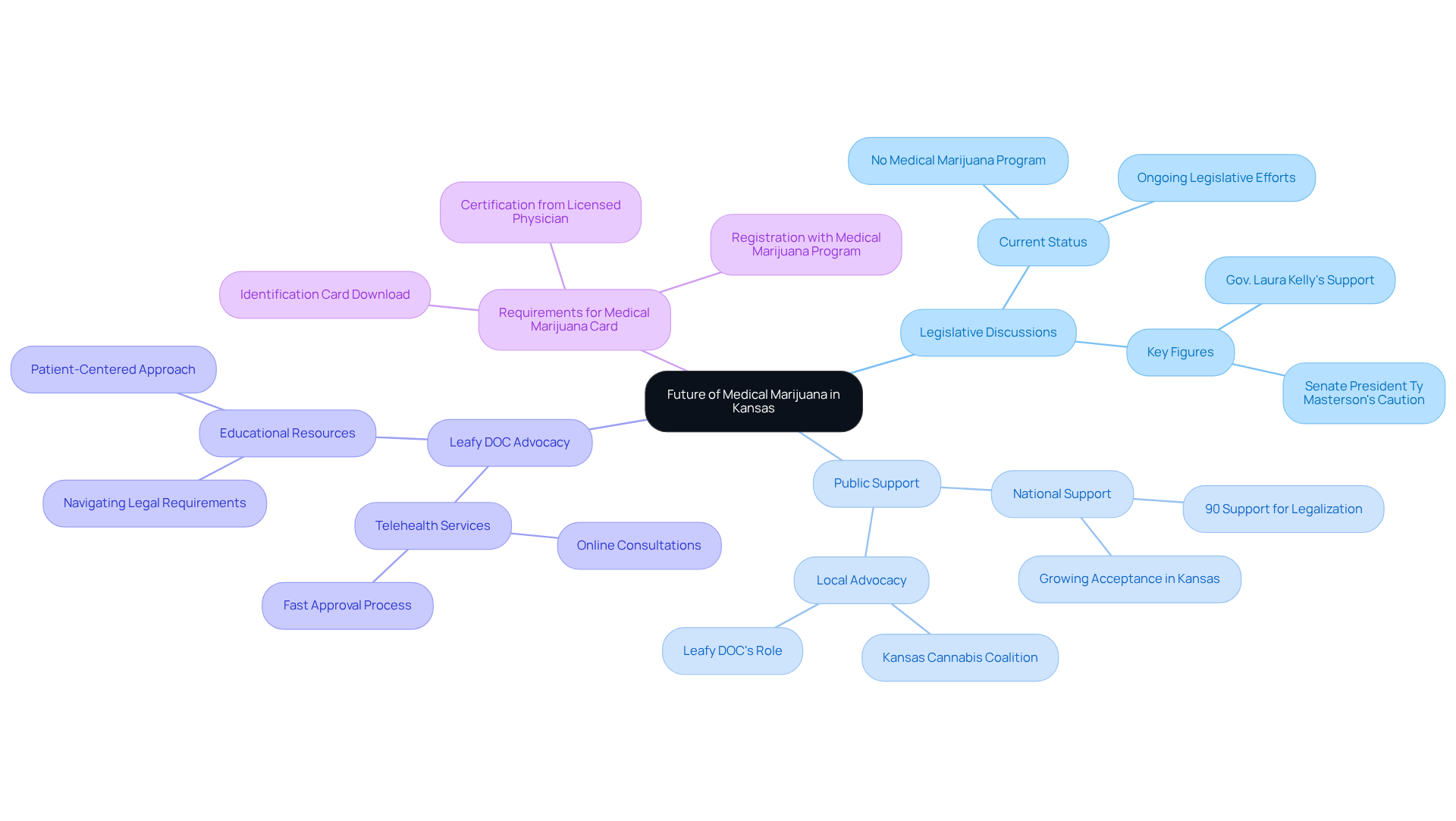 At the center is the future of medical marijuana. Each branch represents a different aspect of this future, showing how they all connect to the main topic. The sub-branches give more details about each aspect, helping you see the bigger picture.