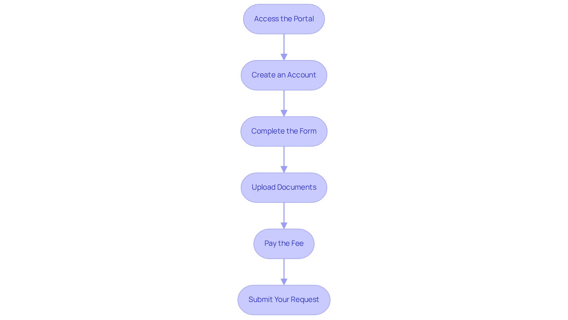 Each box represents a step you need to take to complete your application. Follow the arrows to see the order you should do things in, from accessing the portal to submitting your request.