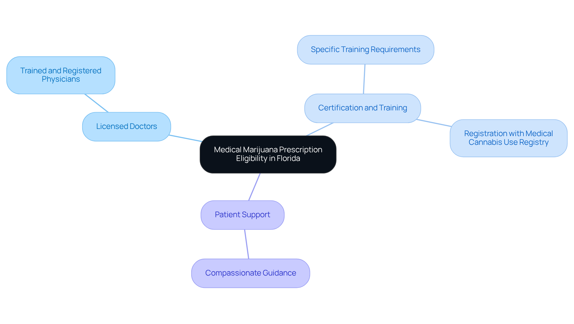 The center represents the main topic, with branches showing related areas such as the qualifications of doctors, necessary training, and the importance of support for patients.