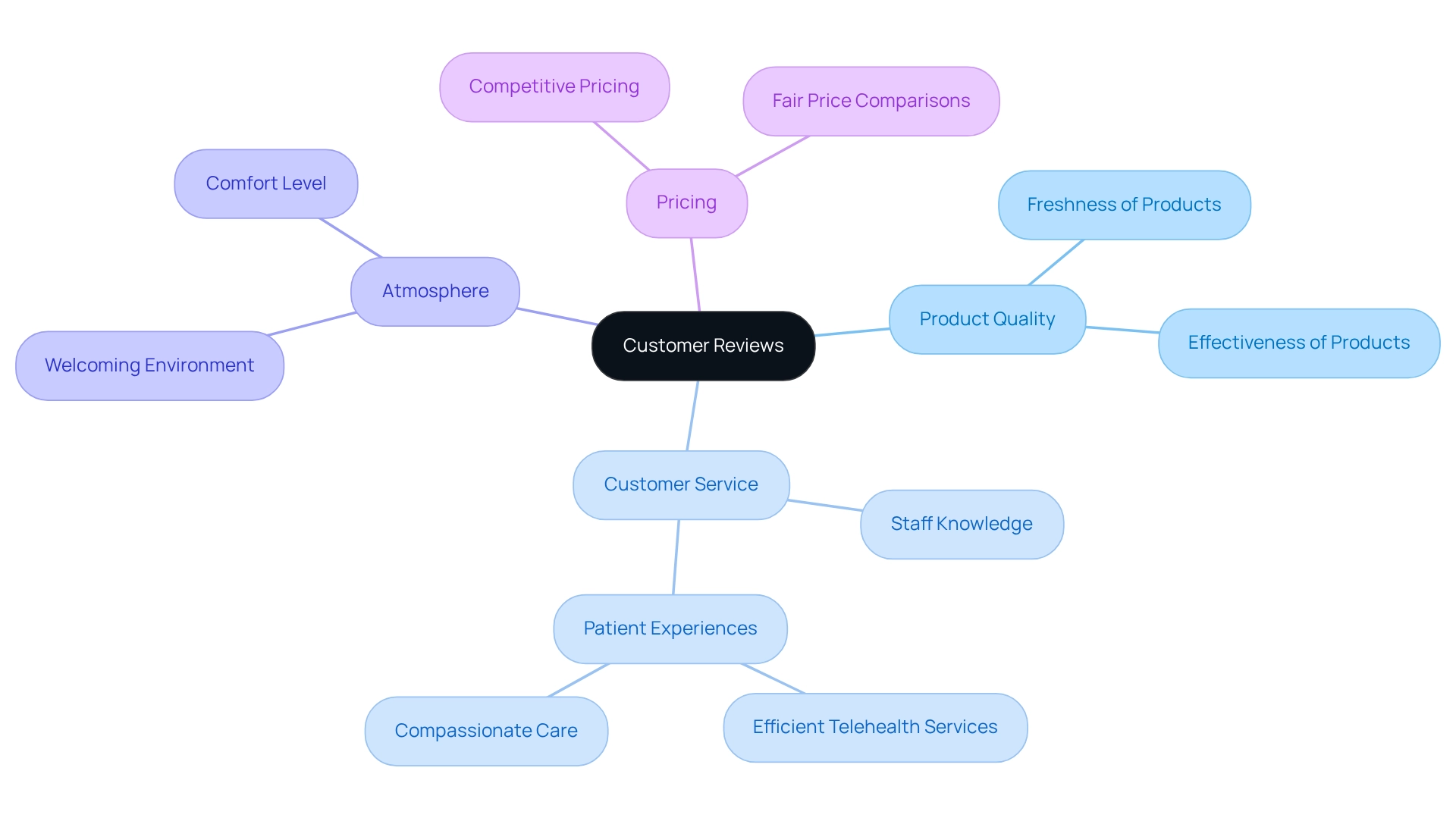 Each branch represents a key aspect of customer reviews, with sub-branches providing detailed insights into each category. Each branch represents a key aspect of customer reviews, with sub-branches providing detailed insights into each category.