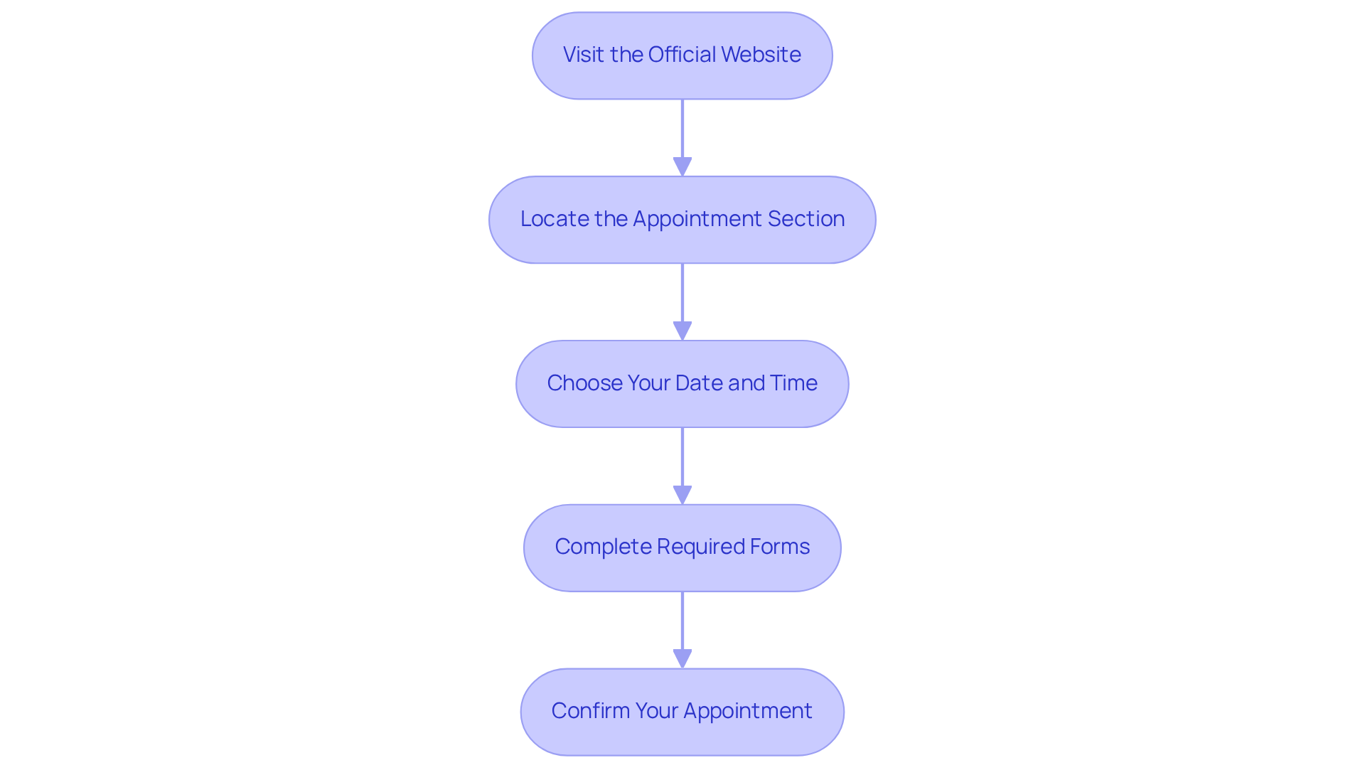 Follow the arrows from one box to the next to see how to schedule your appointment. Each box is a step you need to take, from visiting the website to confirming your appointment.