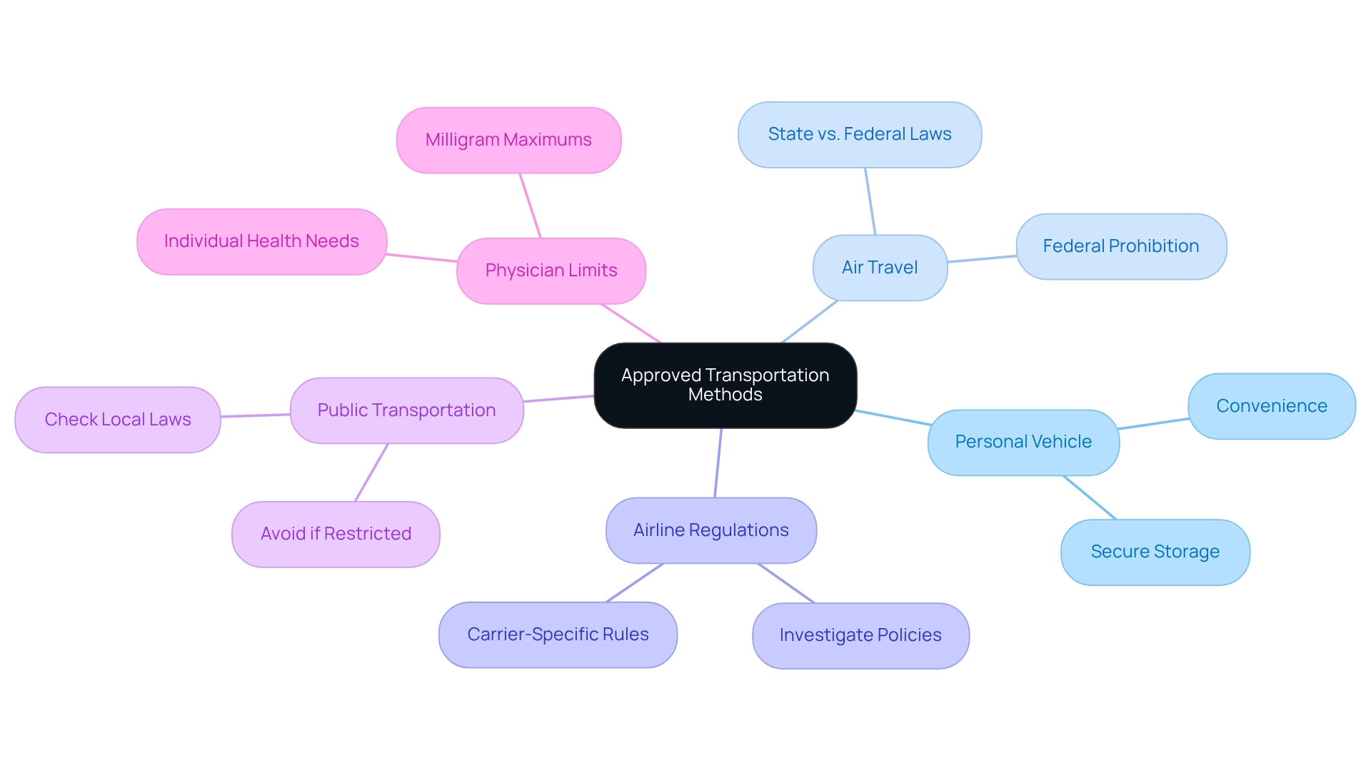 The center shows the main topic, and the branches represent different transportation options and related regulations. Each branch can be explored for more details about the rules and considerations for that method.