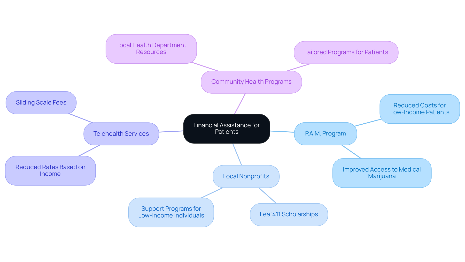 The central node represents the main theme of financial assistance, while the branches show different resources available. Each branch highlights specific programs that offer support, showing how they contribute to helping patients manage their costs. The central node represents the main theme of financial assistance, while the branches show different resources available. Each branch highlights specific programs that offer support, showing how they contribute to helping patients manage their costs.
