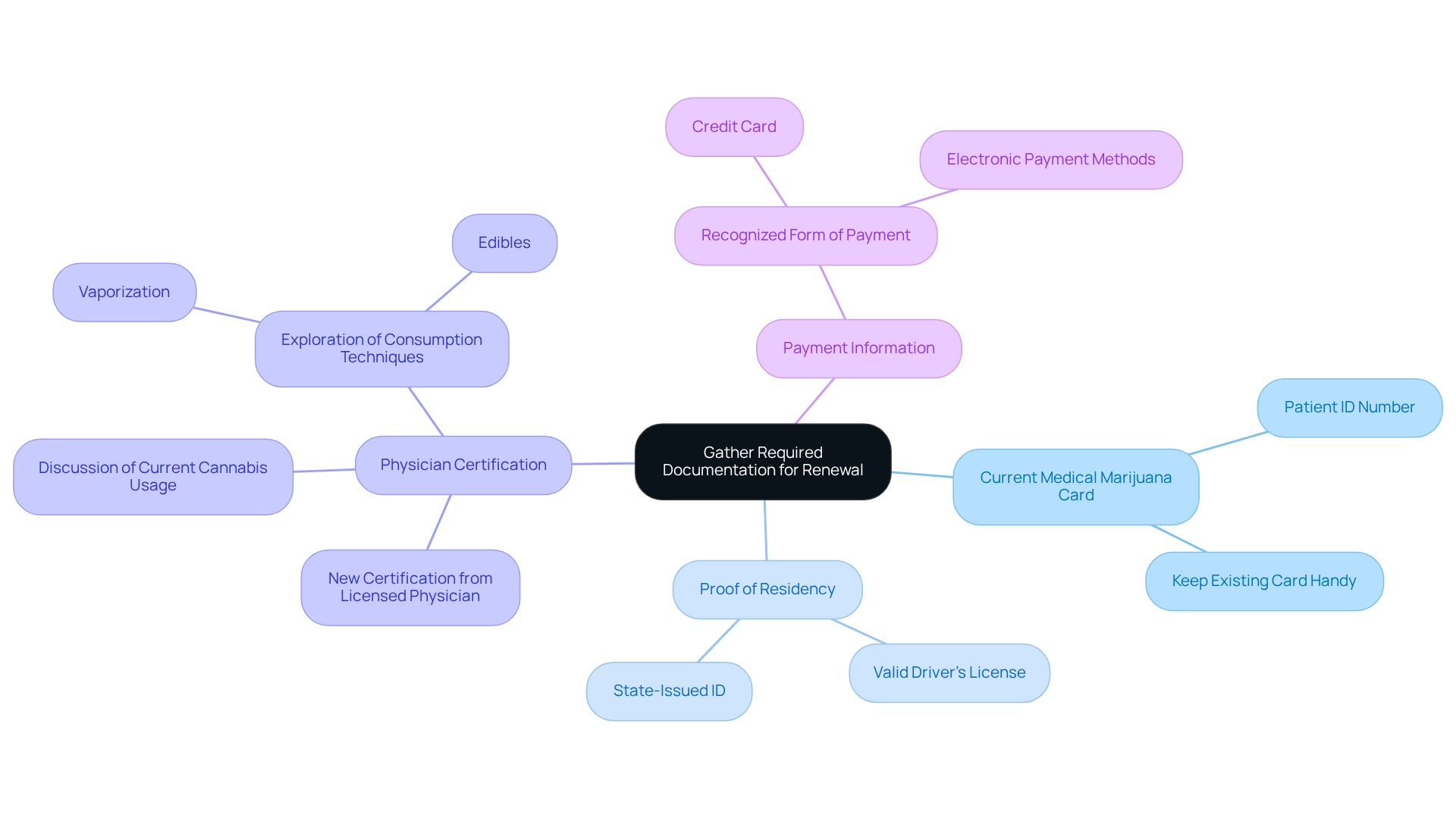 At the center, we have the main goal of gathering documentation. Each branch represents a specific document needed for the renewal, with further details provided in sub-points to guide you through what to collect. At the center, we have the main goal of gathering documentation. Each branch represents a specific document needed for the renewal, with further details provided in sub-points to guide you through what to collect.