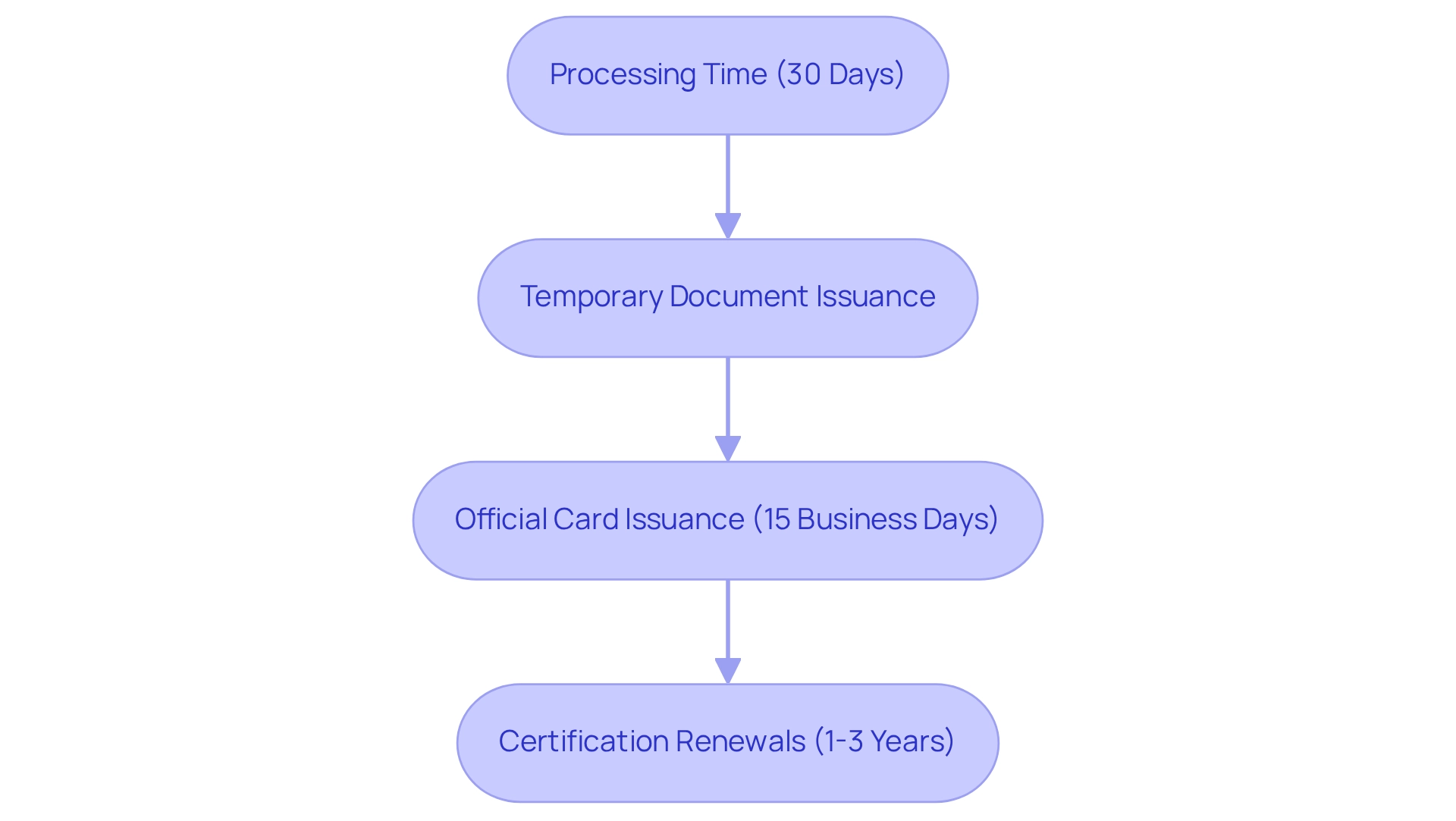 Each box represents a step in the application process, with arrows indicating the sequence. Colors help differentiate each stage: blue for processing, green for temporary document, yellow for official card, and orange for renewals. Each box represents a step in the application process, with arrows indicating the sequence. Colors help differentiate each stage: blue for processing, green for temporary document, yellow for official card, and orange for renewals.
