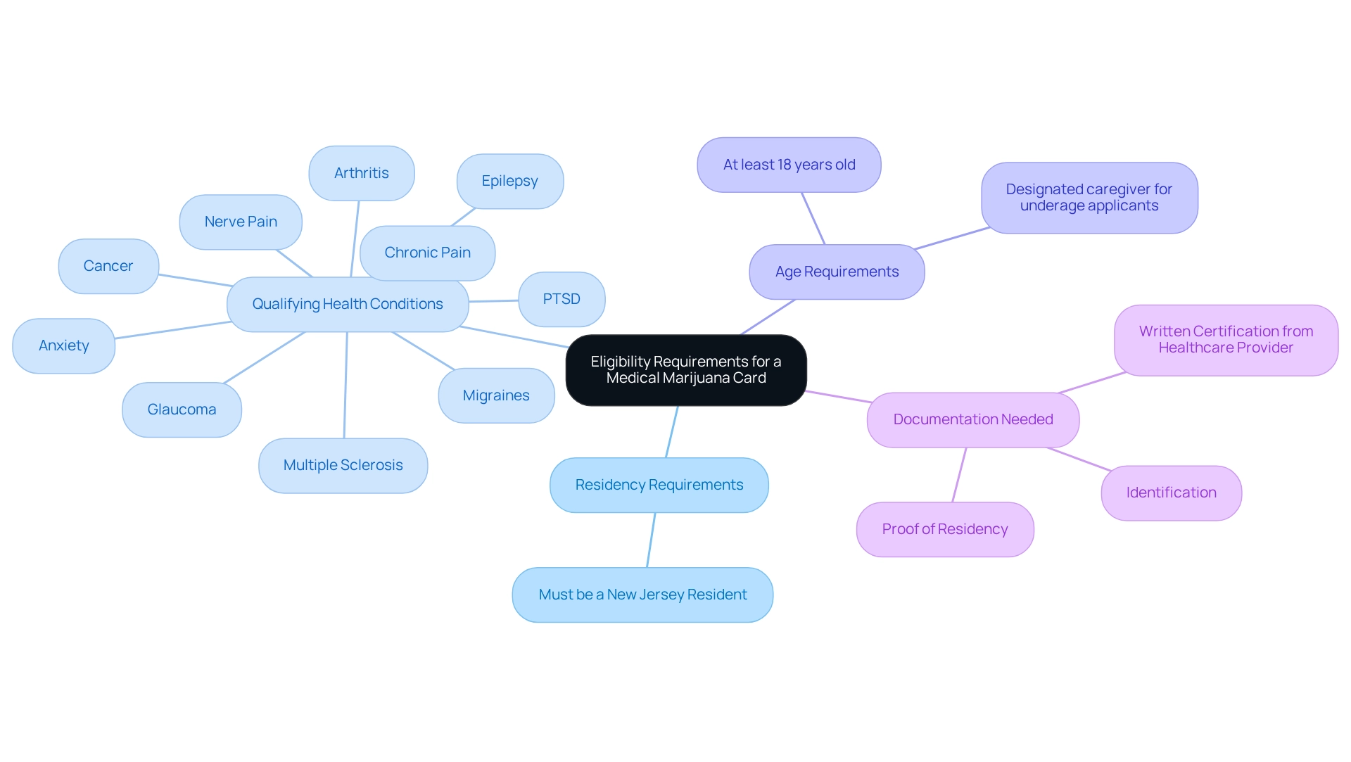 The central node represents the main concept, with branches indicating residency, health conditions, age, and documentation needed. The central node represents the main concept, with branches indicating residency, health conditions, age, and documentation needed.